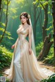 A woman in a wedding dress standing in the woods.